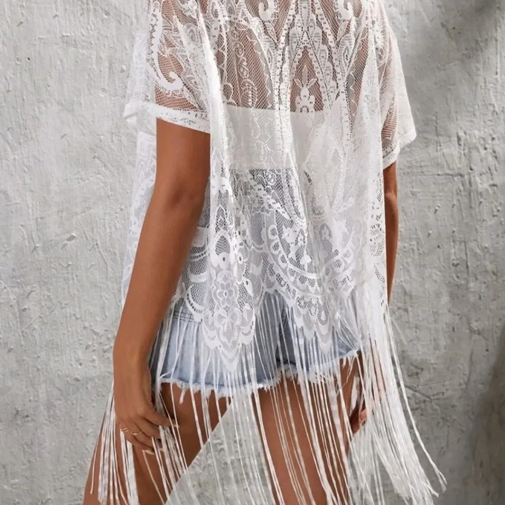 Fringe Trim Lace Kimono - Picture 2 of 5